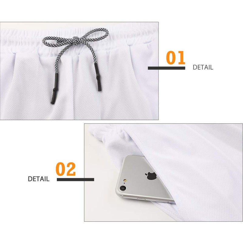 Surenow Men's Athletic Running Shorts Quick Dry Workout Shorts 2 in 1 Shorts 5" Gym Running Shorts for Men with Phone Pocket White - Image 4